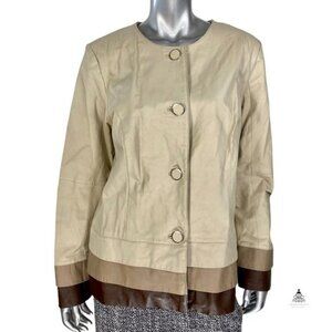 Bradley Bayou Leather Beige & Brown Peplum Jacket L Colorblock